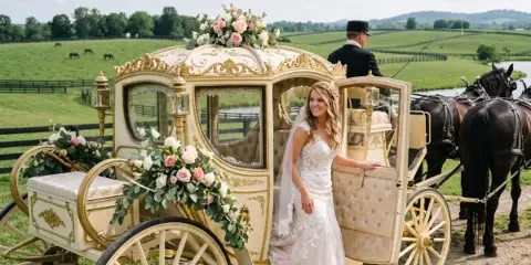 A bride in a white wedding dress stands beside a gold and white horse-drawn carriage in a green pasture.