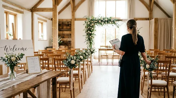A wedding coordinator in a black dress holding a clipboard and a bouquet, standing in a rustic wooden venue with floral arches and chairs.