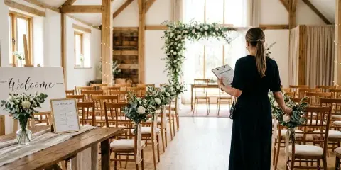 A wedding coordinator in a black dress holding a clipboard and a bouquet, standing in a rustic wooden venue with floral arches and chairs.