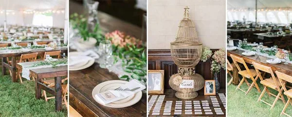A collage showing wedding table settings with white linens, floral centerpieces, and a decorative birdcage centerpiece.