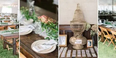 A collage showing wedding table settings with white linens, floral centerpieces, and a decorative birdcage centerpiece.