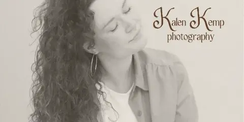 Portrait of a woman with curly hair and hoop earrings, eyes closed, with the text 'Kalen Kemp photography' in the upper right corner.