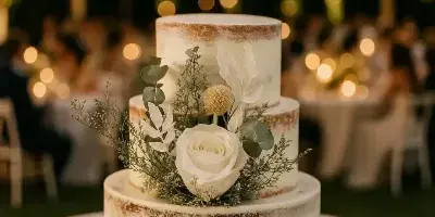 A three-tiered semi-naked wedding cake decorated with white roses and greenery sits on a round table, with string lights and blurred guests in the background at an outdoor evening event.