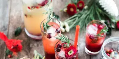 A rustic wooden table setting featuring various colorful infused beverages in glasses and a pitcher, garnished with fresh cranberries, apple slices, and rosemary sprigs.