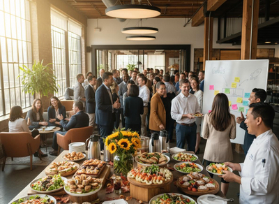 A catering spread with multiple dishes and a chef serving a large group of people at a corporate event.