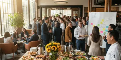 A catering spread with multiple dishes and a chef serving a large group of people at a corporate event.