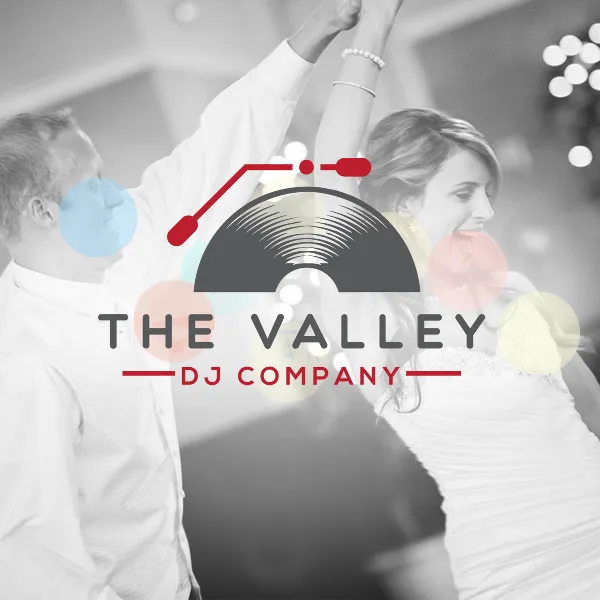 The Valley DJ Company logo overlaid on a black and white photo of a bride and groom dancing.