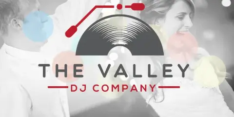 The Valley DJ Company logo overlaid on a black and white photo of a bride and groom dancing.