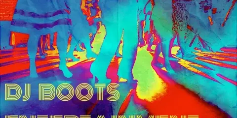 Stylized, colorful image of people dancing at an event with the text 'DJ BOOTS ENTERTAINMENT' overlaid.