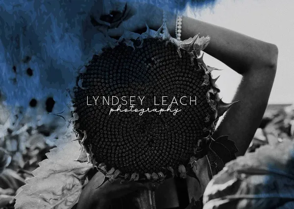 A black and white artistic photograph of a woman holding a large sunflower, with the text 'LYNDSEY LEACH photography' overlaid.