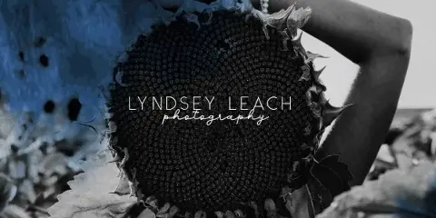 A black and white artistic photograph of a woman holding a large sunflower, with the text 'LYNDSEY LEACH photography' overlaid.