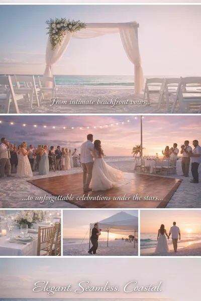 A collage of beach wedding scenes featuring a white ceremony arch, rows of chairs, a wooden dance floor, and reception tables set on the sand.