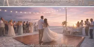 A collage of beach wedding scenes featuring a white ceremony arch, rows of chairs, a wooden dance floor, and reception tables set on the sand.