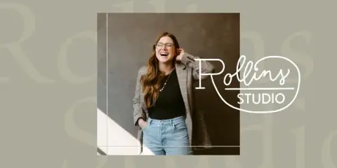 Portrait of a smiling woman with glasses and long hair, wearing a blazer and jeans, standing in a studio with a 'Rollins Studio' logo overlay.