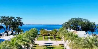 Aerial view of a waterfront venue lawn lined with palm trees leading to a bay.