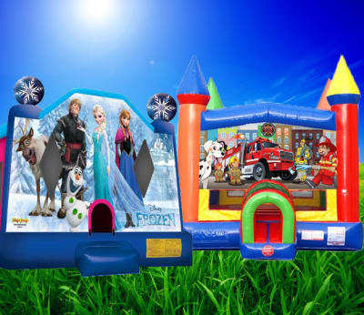 Two themed inflatable bounce houses set up on grass, including a Frozen-themed unit and a Fireman Sam-themed unit.
