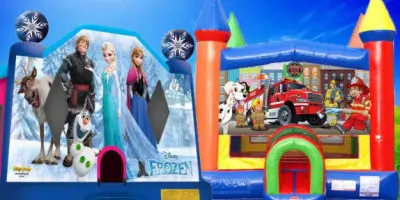 Two themed inflatable bounce houses set up on grass, including a Frozen-themed unit and a Fireman Sam-themed unit.