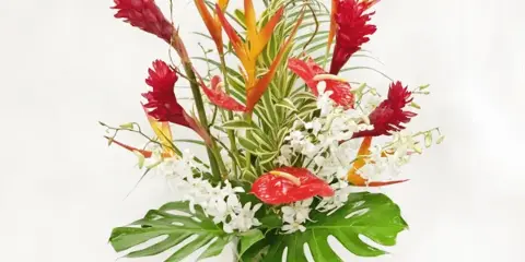 Large tropical floral arrangement with red heliconia, white orchids, and monstera leaves in a glass vase