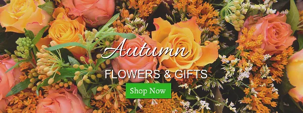 Close-up of a floral arrangement with orange and peach roses and filler flowers, overlaid with the text 'Autumn Flowers & Gifts'.