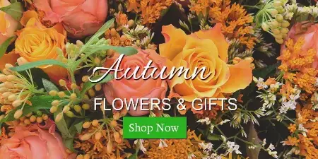 Close-up of a floral arrangement with orange and peach roses and filler flowers, overlaid with the text 'Autumn Flowers & Gifts'.