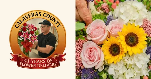 A florist holding a bouquet of red roses and lilies next to a close-up of a floral arrangement featuring pink roses, sunflowers, and hydrangeas.