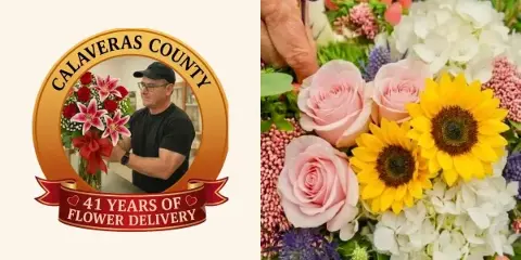 A florist holding a bouquet of red roses and lilies next to a close-up of a floral arrangement featuring pink roses, sunflowers, and hydrangeas.