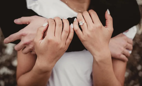 Close-up of a couple's hands showing wedding rings