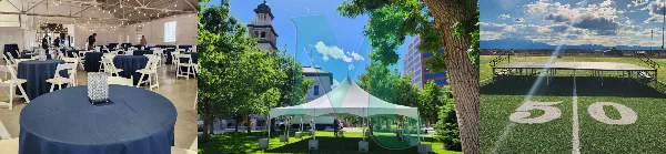 A collage showing a wedding reception setup with round tables and chairs, an outdoor tent, and a dance floor on a field.