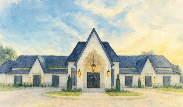 Watercolor illustration of the Venue 10 estate exterior featuring a central chapel entrance and symmetrical wings.