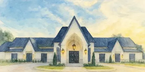 Watercolor illustration of the Venue 10 estate exterior featuring a central chapel entrance and symmetrical wings.