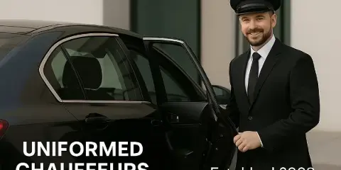 A uniformed chauffeur in a black suit and hat stands next to a black luxury sedan with the door open.