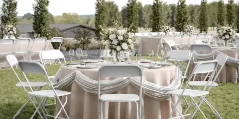 Outdoor event setup with white folding chairs, round tables with beige linens, and floral centerpieces on a lawn.