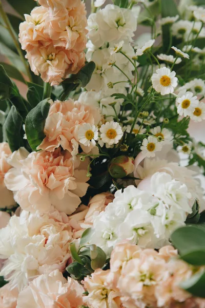 Close-up of a floral arrangement with peach peonies and white daisies