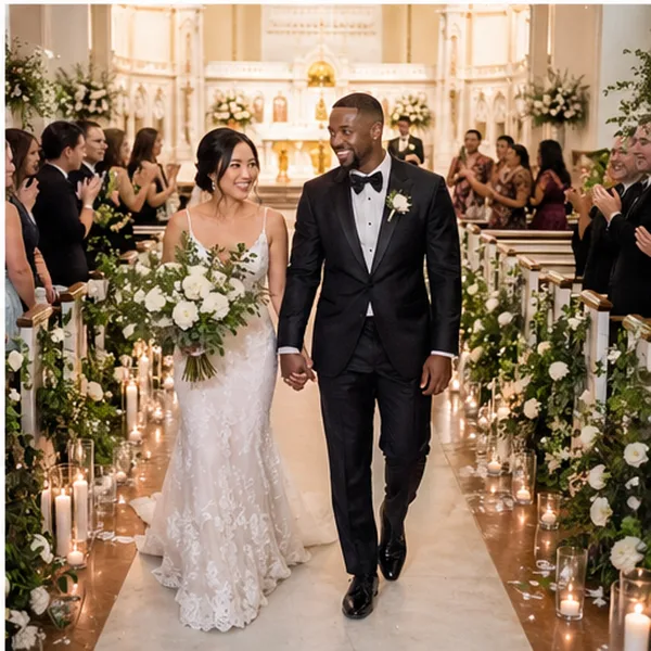 A bride and groom walking down the aisle during a wedding ceremony in a church.