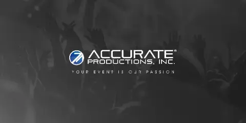 Crowd at a live event with hands raised, overlaid with the Accurate Productions logo and tagline.
