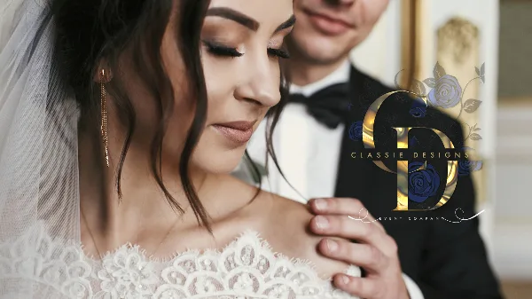 A bride in a lace wedding dress and veil standing next to a groom in a tuxedo, with the Classie Designs Event Company logo overlaid.