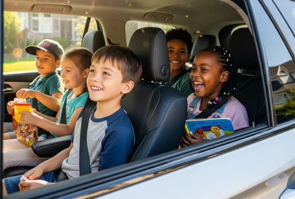 Passengers seated inside a vehicle during a ride