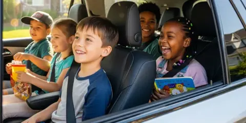 Passengers seated inside a vehicle during a ride