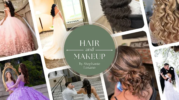 A collage of wedding and special occasion hair and makeup portfolio photos featuring styled updos, curls, and brides in gowns.