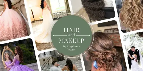A collage of wedding and special occasion hair and makeup portfolio photos featuring styled updos, curls, and brides in gowns.
