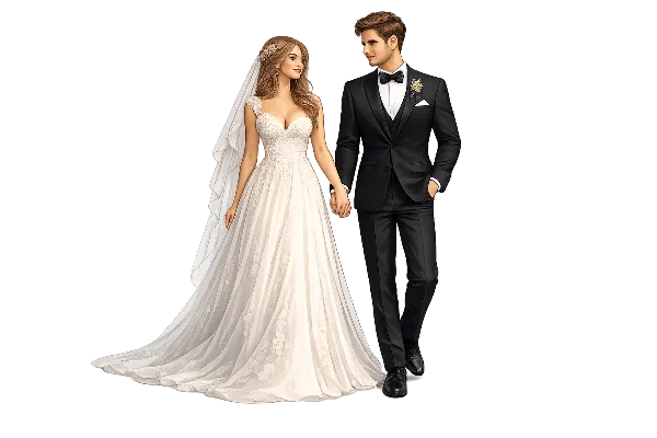 A bride and groom in formal wedding attire standing together.