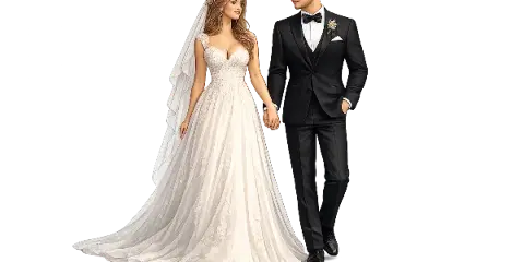 A bride and groom in formal wedding attire standing together.