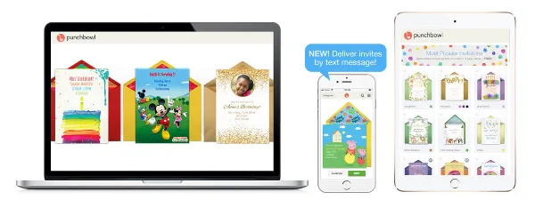A laptop, smartphone, and tablet displaying the Punchbowl online invitation website and mobile app interface.