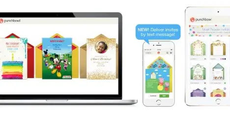 A laptop, smartphone, and tablet displaying the Punchbowl online invitation website and mobile app interface.