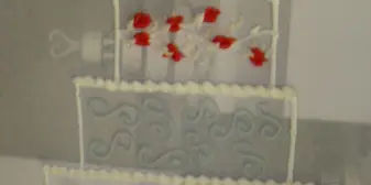 Decorated tiered wedding cake with red flower accents