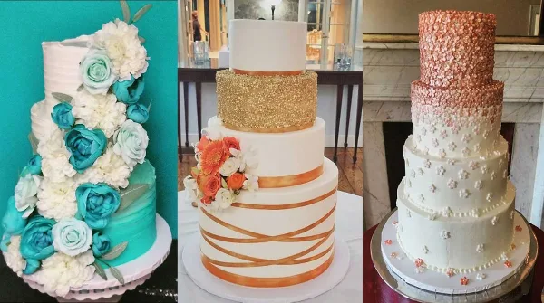 A collage of three different multi-tiered wedding cakes with floral and decorative designs.