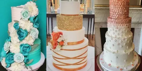 A collage of three different multi-tiered wedding cakes with floral and decorative designs.