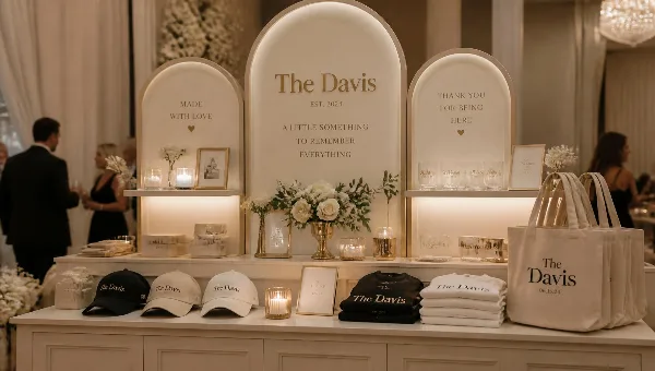 A styled event merch shop display featuring custom branded hats, t-shirts, and tote bags arranged on a white table with floral accents.