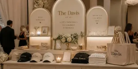 A styled event merch shop display featuring custom branded hats, t-shirts, and tote bags arranged on a white table with floral accents.