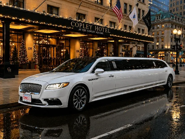 A white stretch limousine with a Massachusetts license plate reading 'TOMAS 1' parked on a wet street in front of the Copley Hotel.